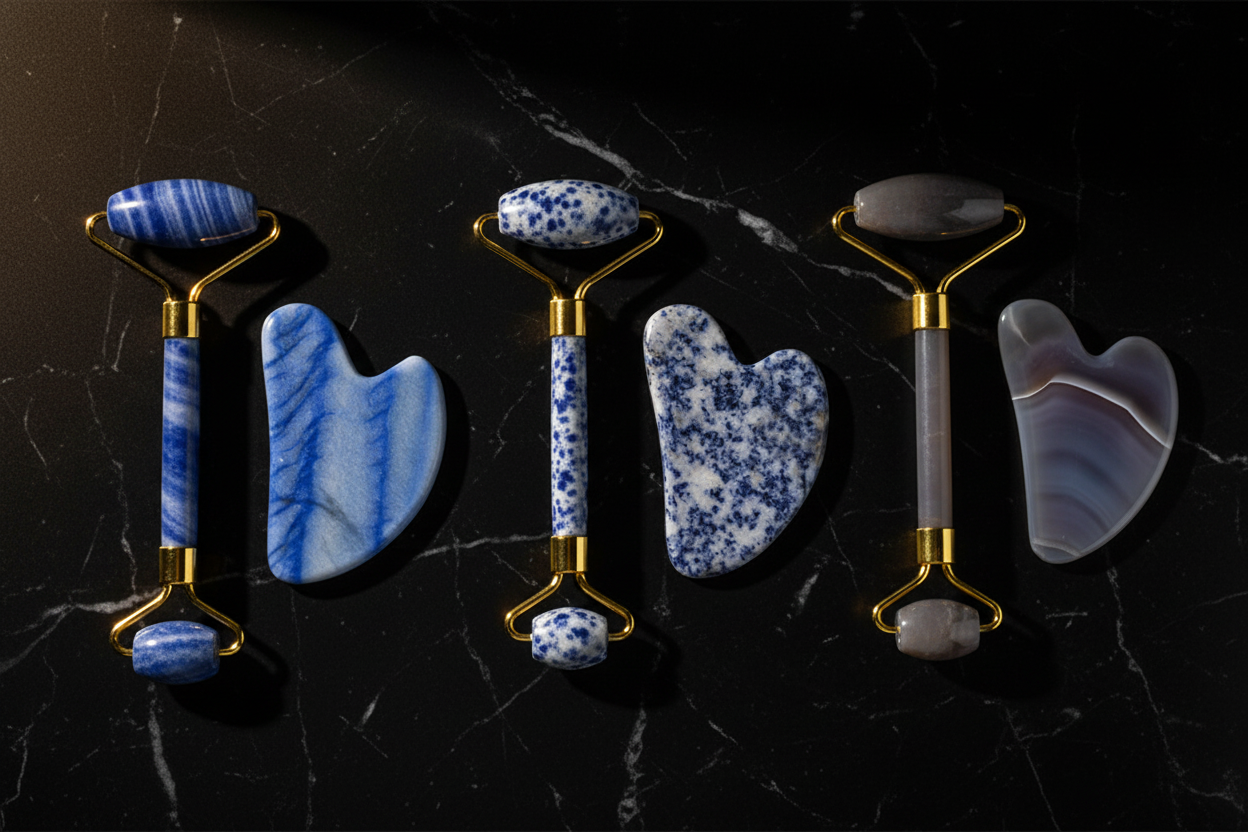 MAXAURA Hero Shot - Jade Roller Blue Sodalite Blue Spot Jasper Grey Agate
