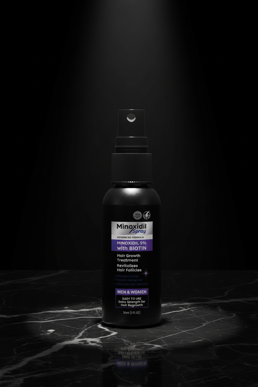 MAXAURA Hero Shot - Minoxidil Spray Solo Black Marble Spotlight