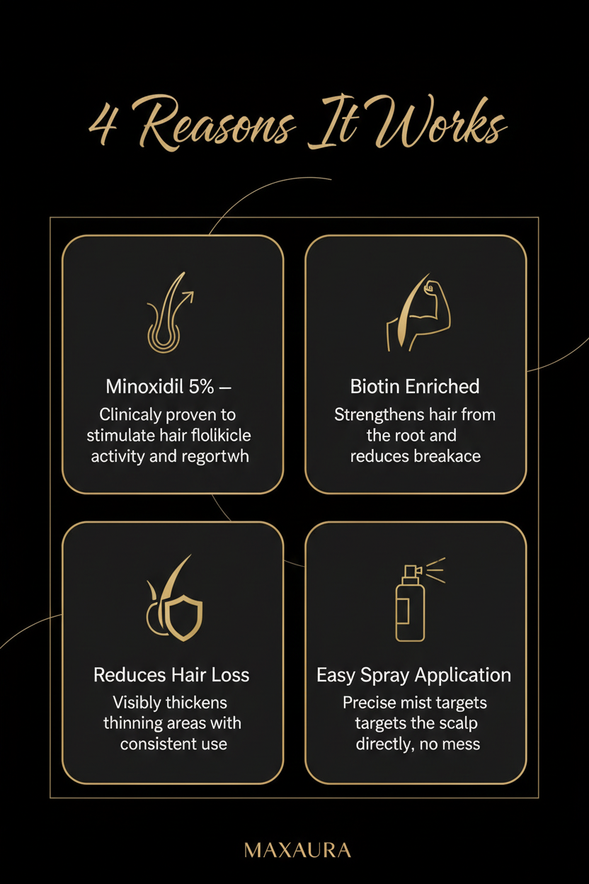 MAXAURA Infographic - 4 Benefits Minoxidil Spray Dark Luxe