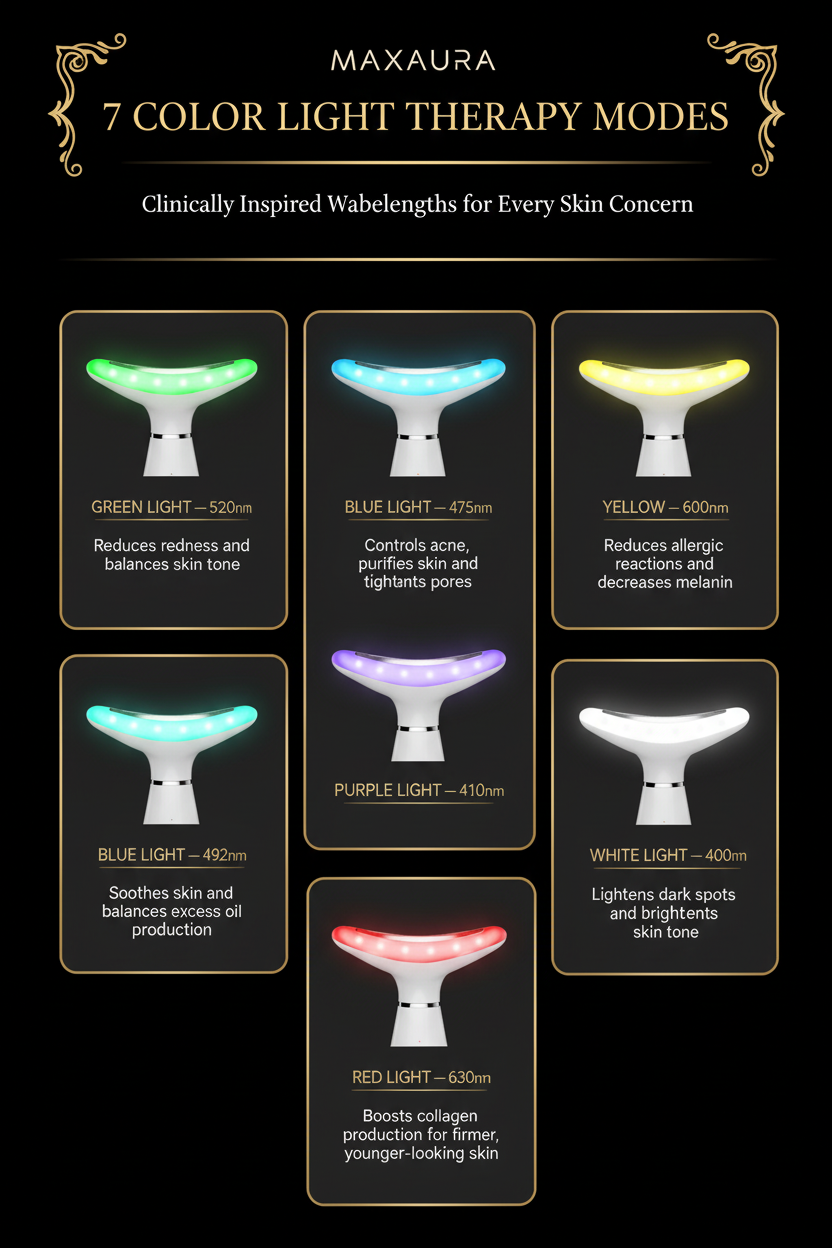 MAXAURA Infographic - 7 Light Therapy Modes Dark