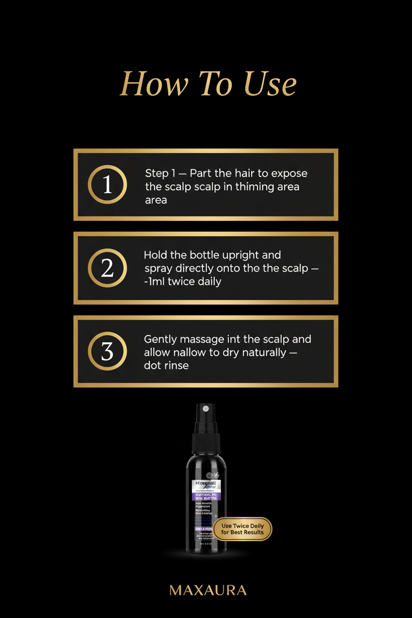 MAXAURA Infographic - How To Use Minoxidil Spray 3 Steps
