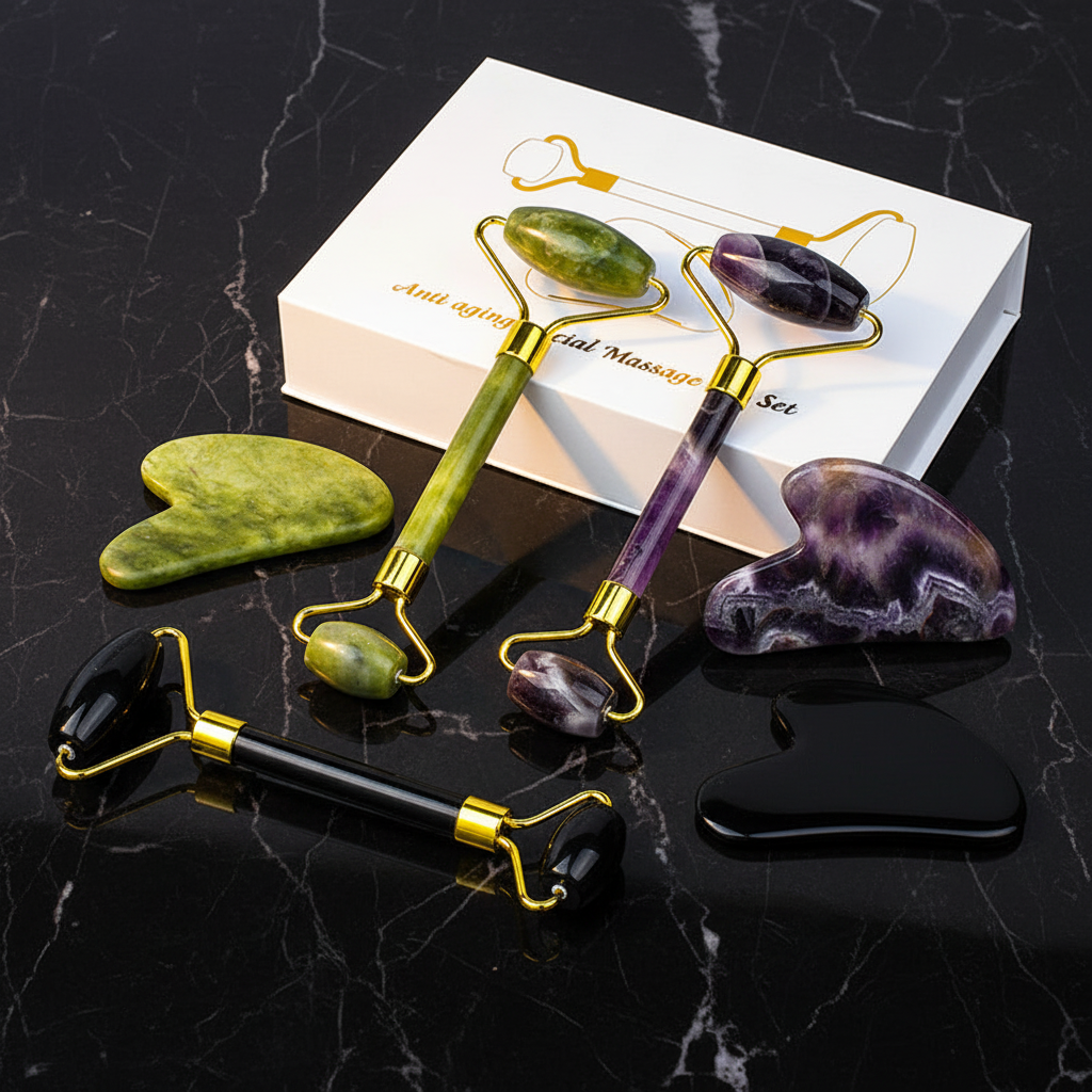 MAXAURA - Jade Roller Gua Sha Sets Flat Lay Real Box Dark Marble