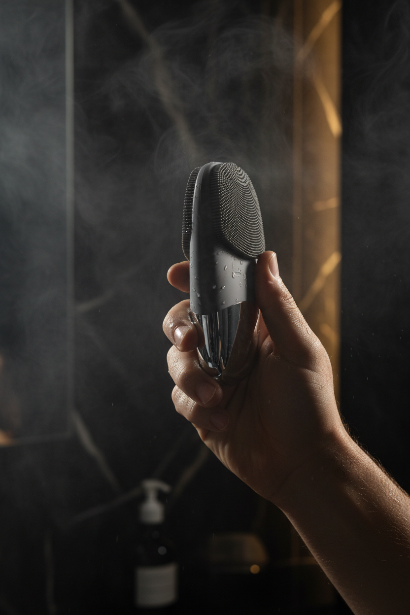 MAXAURA Lifestyle - Facial Cleansing Brush In Use Dark Moody No Face