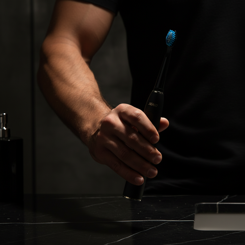 MAXAURA Lifestyle Shot - Black Toothbrush Masculine Hand